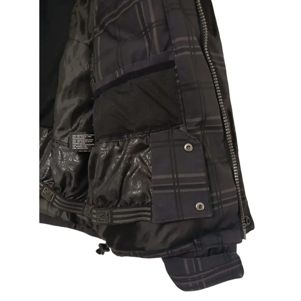 Mens Small Heavy Coat Full Zip Softshell Black Gray Plaid‎ Insulated Zip Pockets